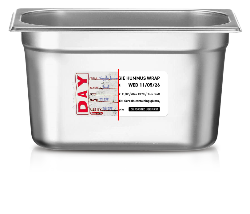 A kitchen container labelled half by hand and half with a LabelFood printed label — the handwritten side smudged, the printed side showing product name, use-by date and allergens